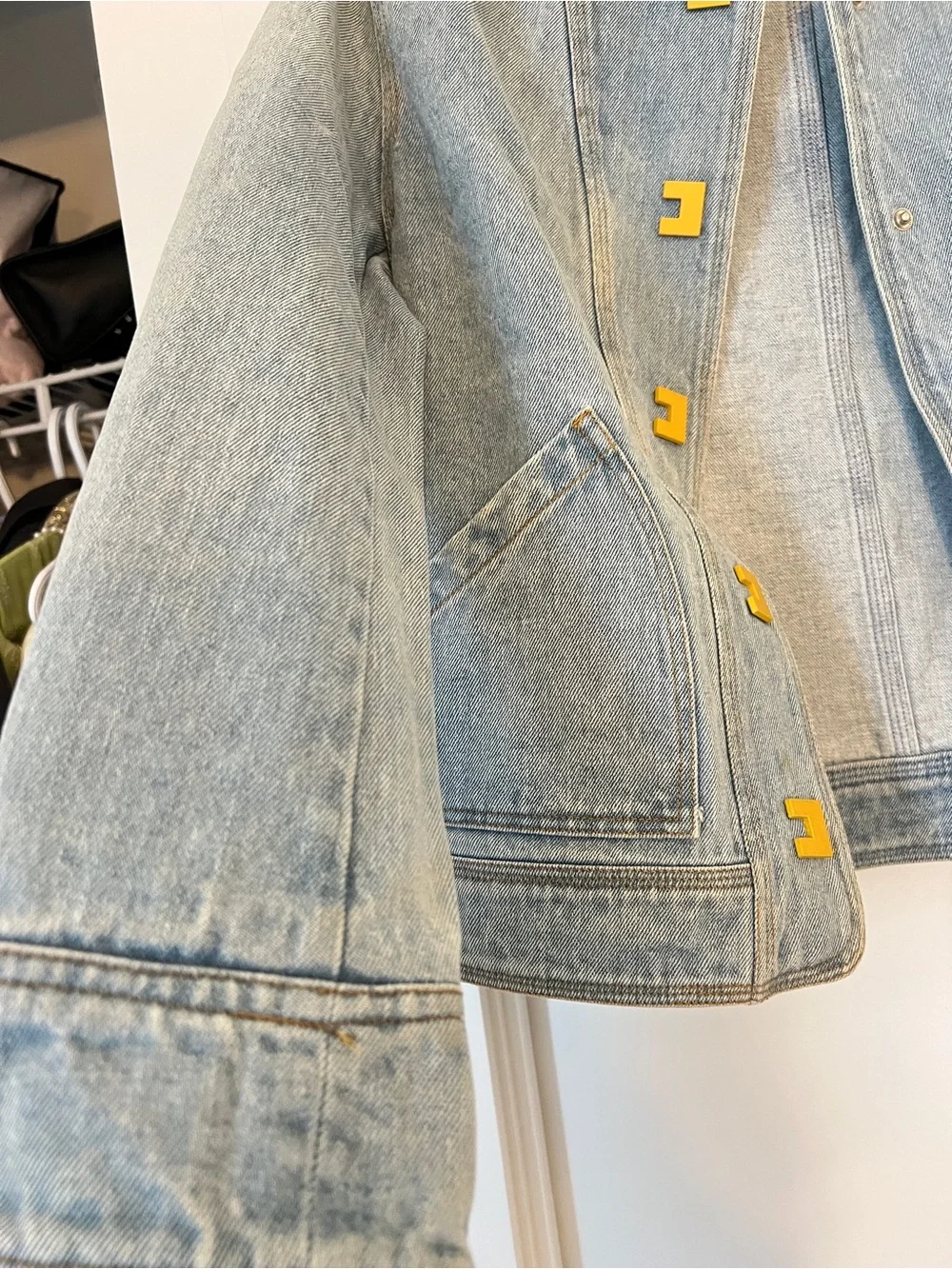 Woman Light Wash Denim Jacket with Mustard Corduroy Collar - Picture 7 of 15